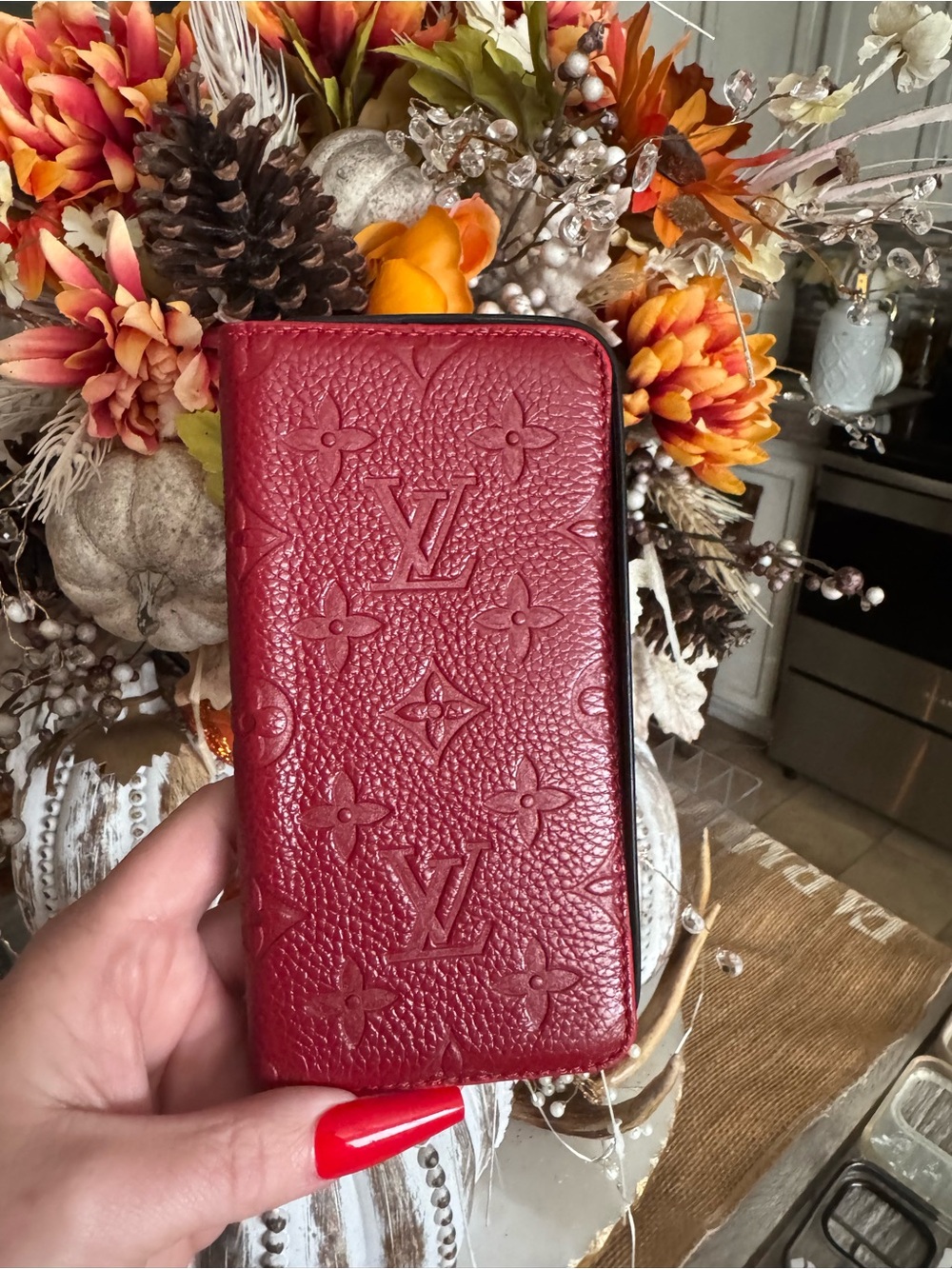 Louis Vuitton Red Embossed Monogram Leather Phone Case Wallet IPhone 15 Pro Max